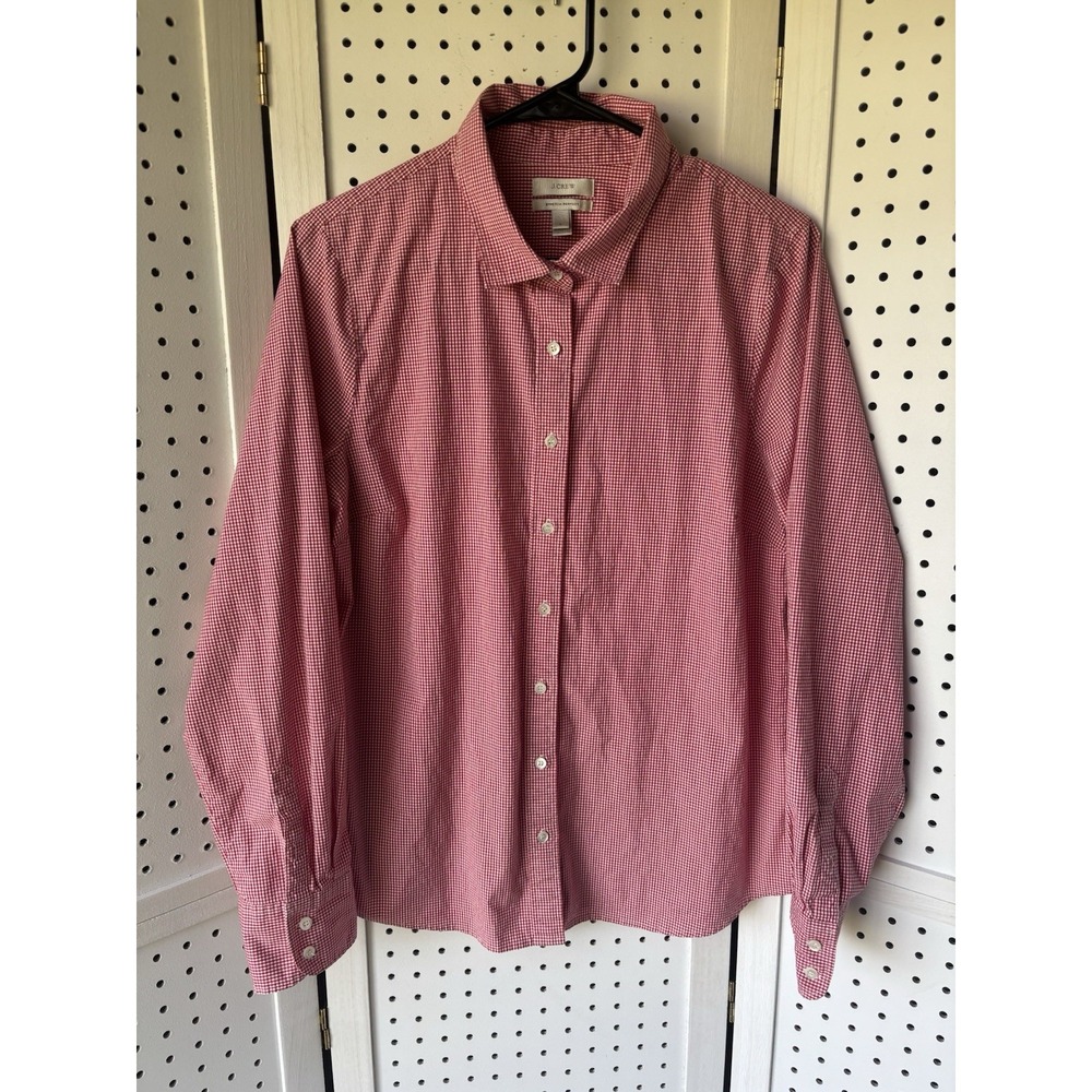 J. Crew Stretch Perfect Long SLV Button Down Blouse Micro Check Women's Lg Red